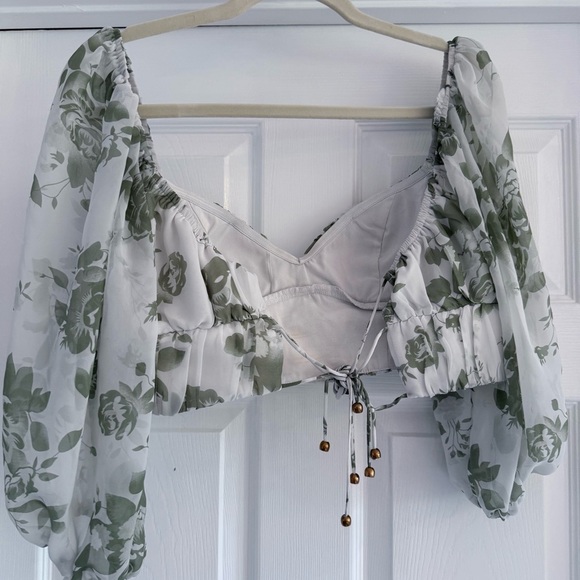 HELLO MOLLY Pretty Polly Green White Floral Tie Back Crop Top with Sleeves XS - Picture 7 of 13